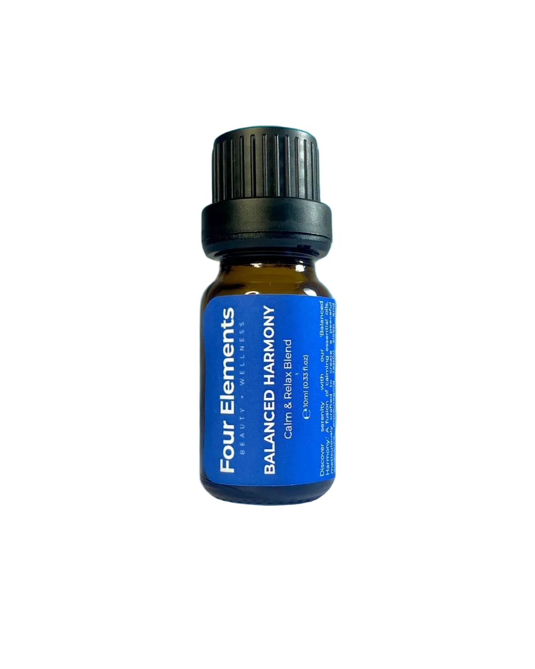 Bottle of Four Elements Balanced Harmony essential oil on a blue background