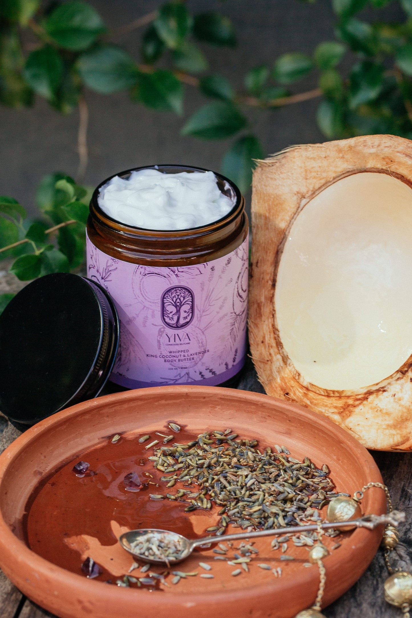 Jar of cream with a lid, open coconut, and terracotta dish with herbs on a wooden surface.