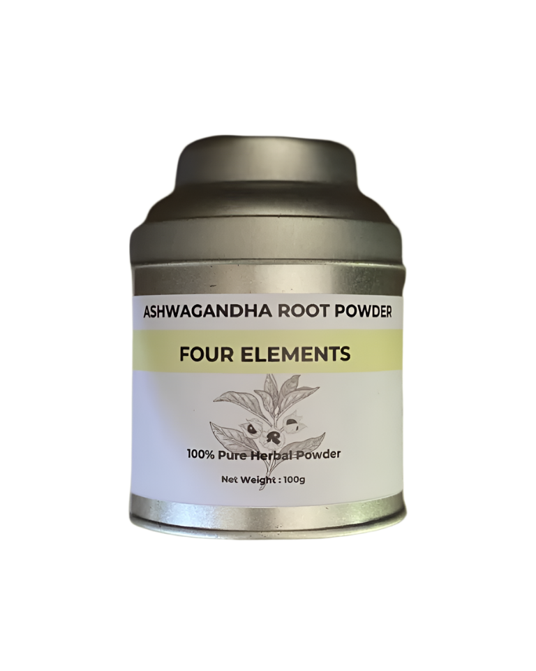 A tin container labeled 'Ashwagandha Root Powder' by Four Elements, indicating 100% Pure Herbal Powder and net weight of 100g.