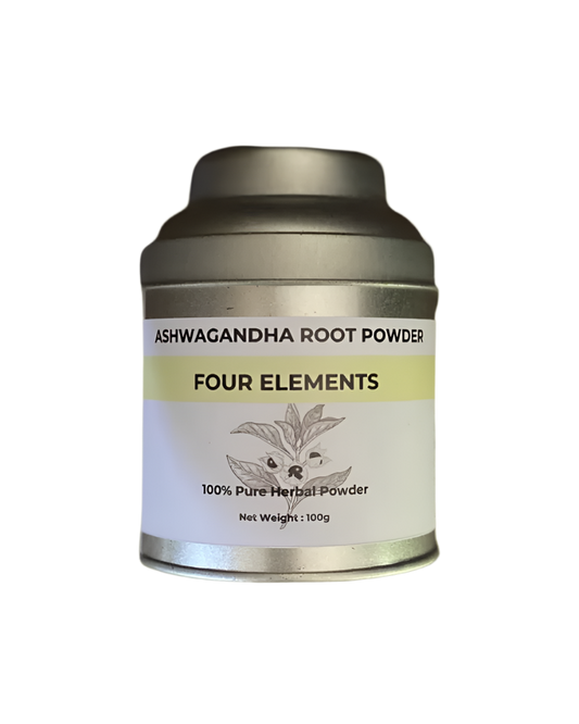 A tin container labeled 'Ashwagandha Root Powder' by Four Elements, indicating 100% Pure Herbal Powder and net weight of 100g.