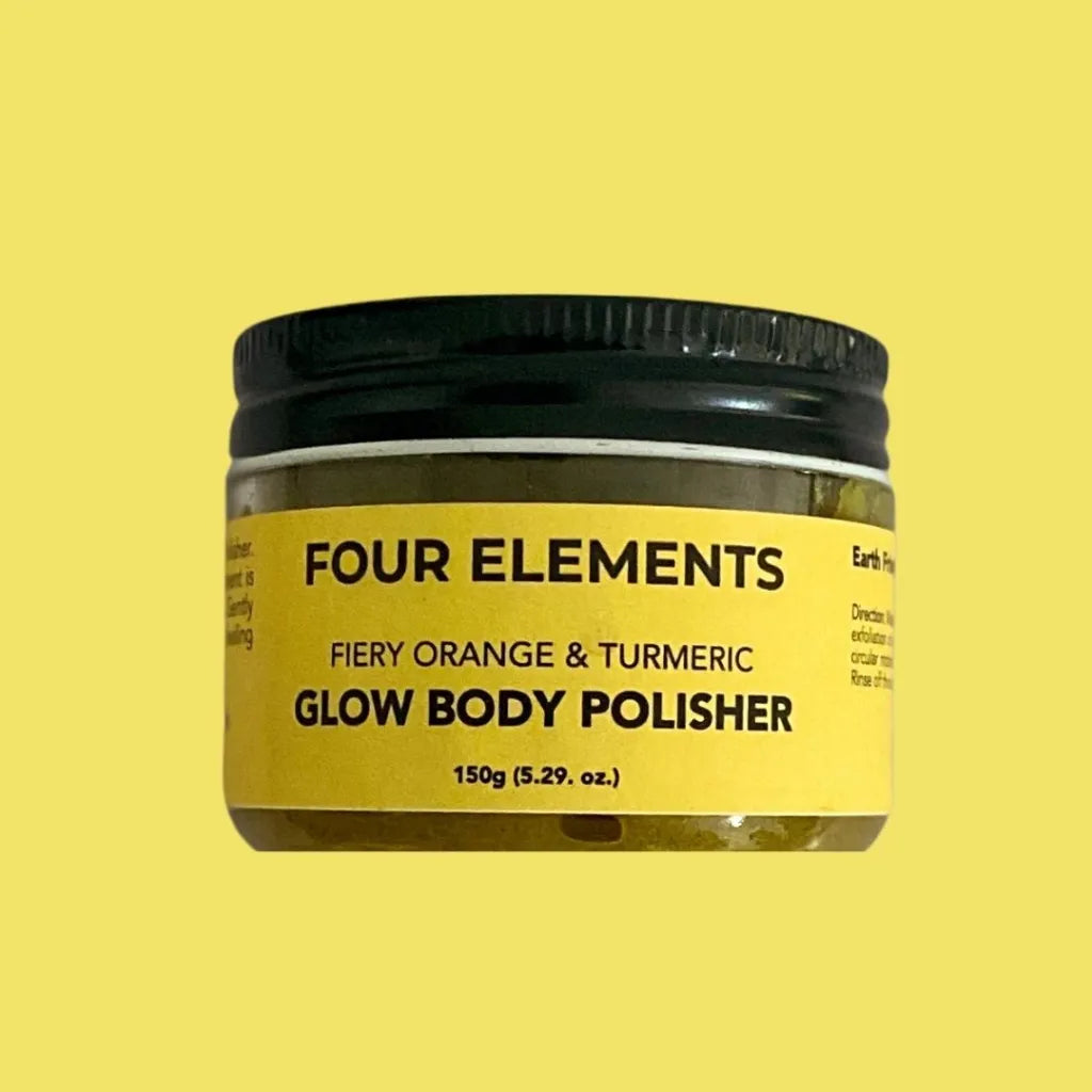Four Elements Glow Body Polisher jar on a yellow background