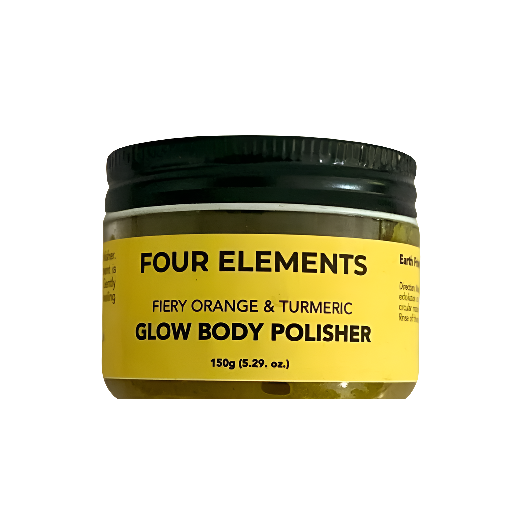 A jar of Four Elements Glow Body Polisher with Fiery Orange & Turmeric, weighing 150g.