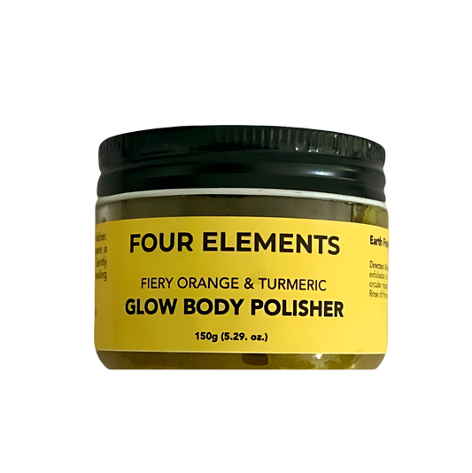 A jar of Four Elements Glow Body Polisher with Fiery Orange & Turmeric, weighing 150g.