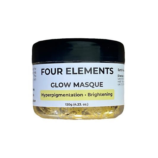 A jar of Four Elements Glow Masque, labeled as a brightening mask for hyperpigmentation, with a capacity of 120g.