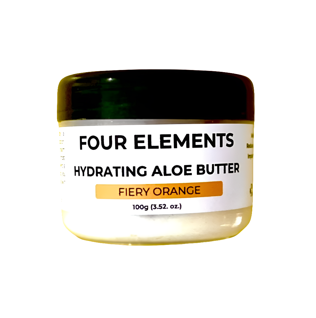 A jar of Four Elements Hydrating Aloe Butter in Fiery Orange color, with a label indicating it is a 100g product.