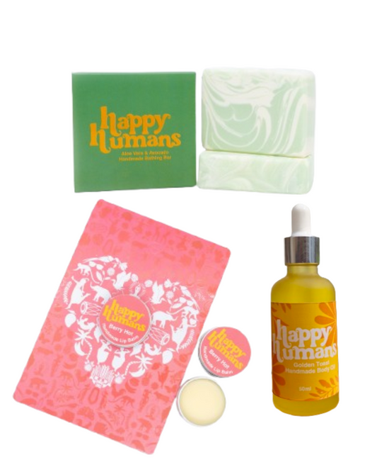 Happy Humans Gift Set - Aloe Vera & Avocado Bathing Bar, Berry Hot Strawberry Lip Balm and Vanilla Body Oil
