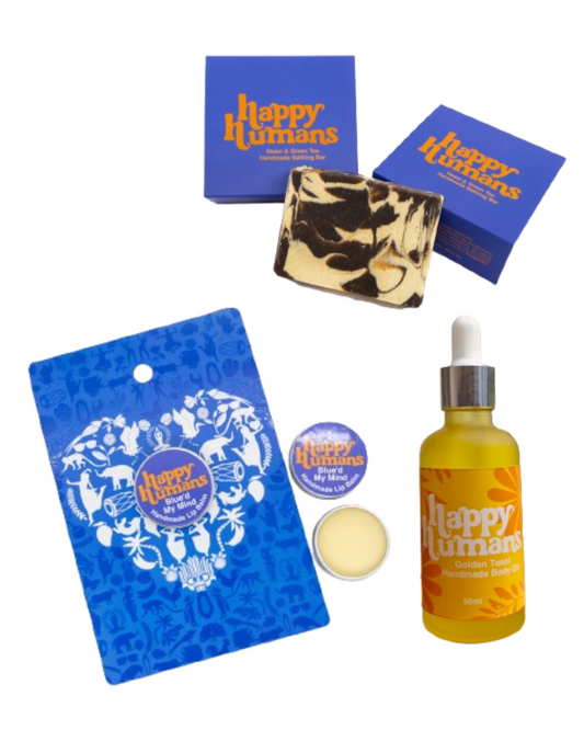 Happy Humans Gift Set - Neem & Green Tea Bathing Bar, Blue'd my Mind Lip Balm and Vanilla Body Oil