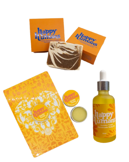 Happy Humans Gift Set - Ceylon Cinnamon & Coconut Oil Bathing Bar, Vanilla Thrilla Lip Balm and Vanilla Body Oil