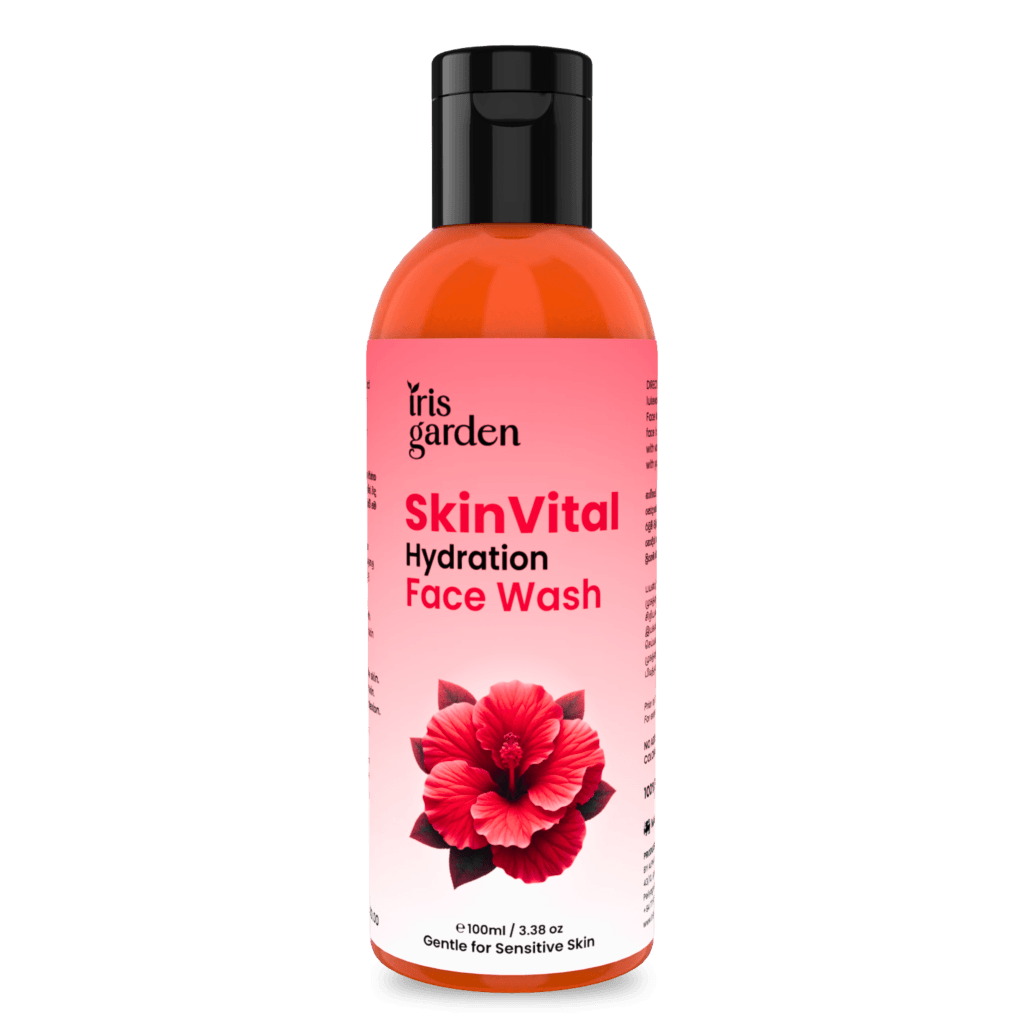 A bottle of Iris Garden SkinVital Hydration Face Wash with a pink label featuring an image of a hibiscus flower.