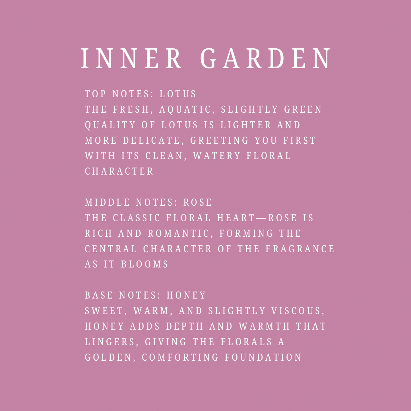 Product description card for 'Inner Garden' fragrance with notes on a pink background