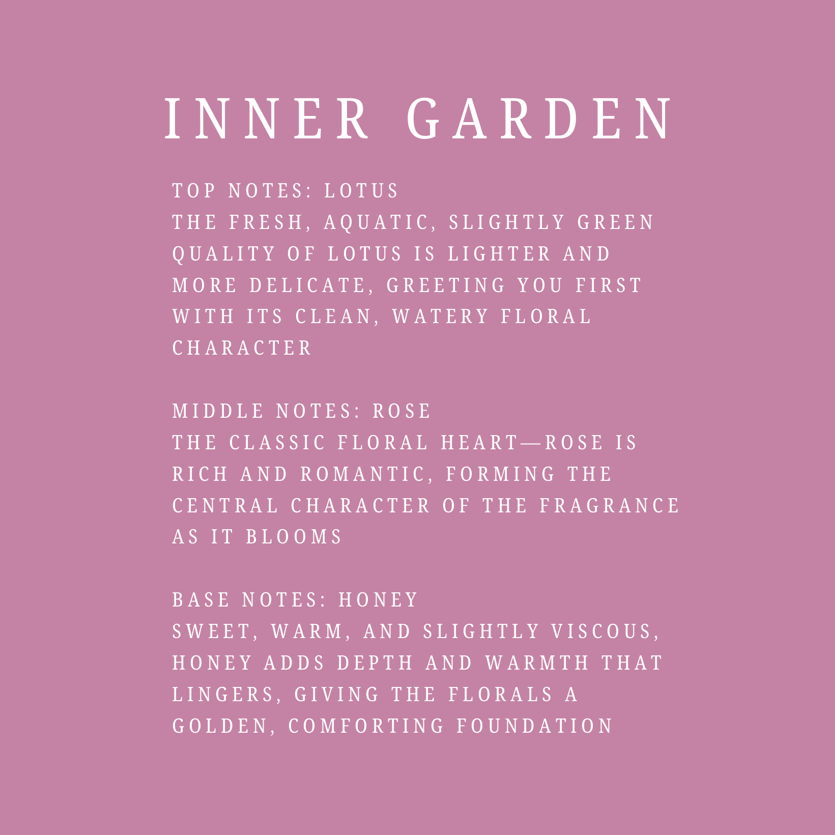 Product description card for 'Inner Garden' fragrance with notes on a pink background