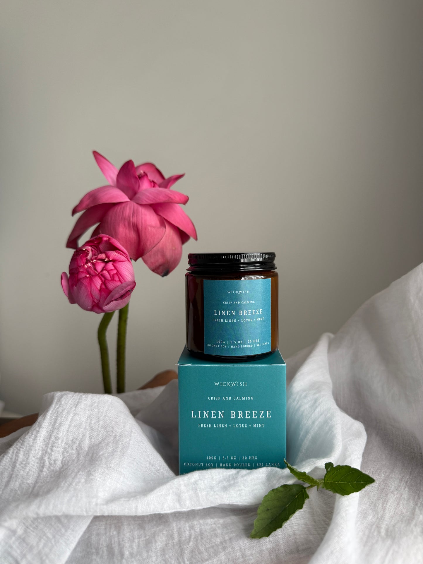 WickWish Mint, Lotus & Linen Coconut Soy Wax Candle – 100g