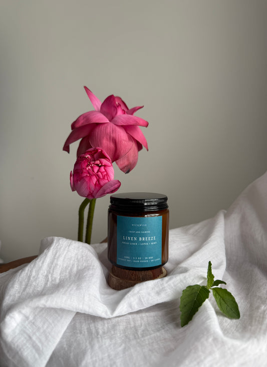 WickWish Mint, Lotus & Linen Coconut Soy Wax Candle – 100g