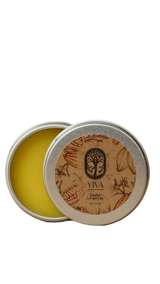 Yiva lip balm tin with yellow lip balm inside on a white background