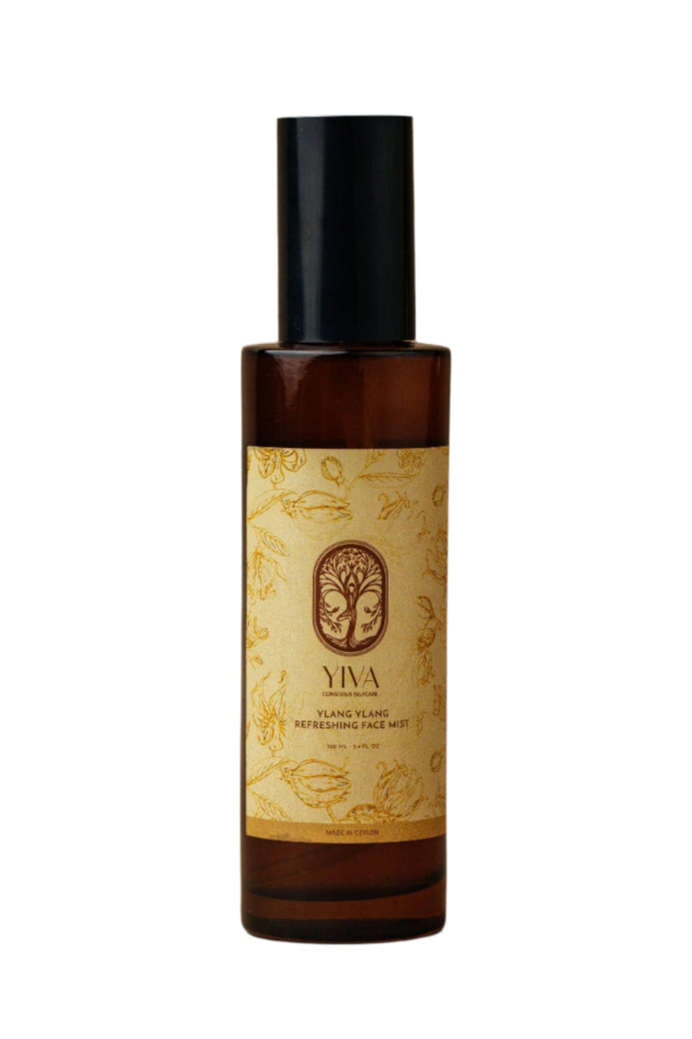 Yiva skincare bottle with a gold label on a white background