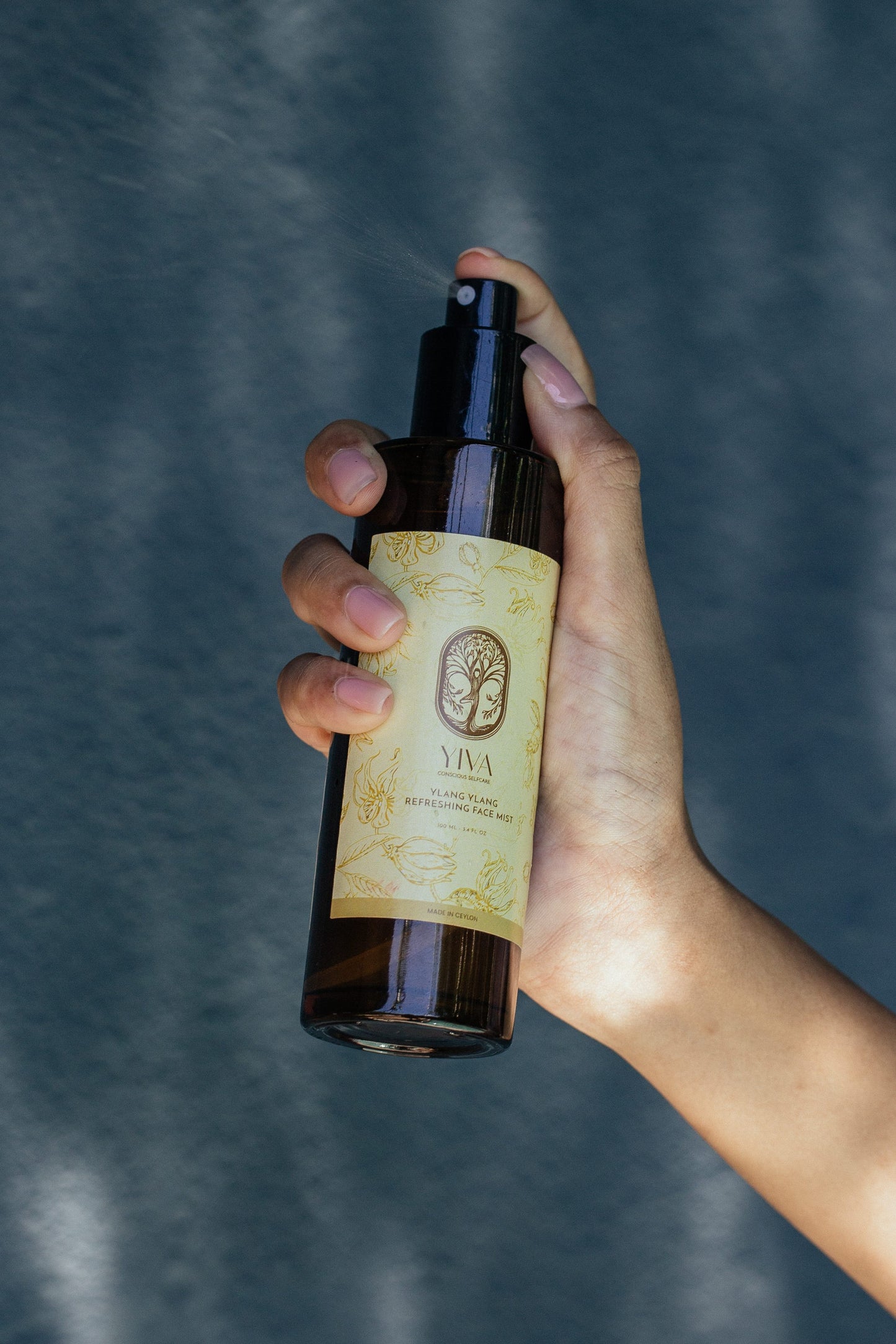 Hand holding a bottle of Viva Naturals product against a blurred background