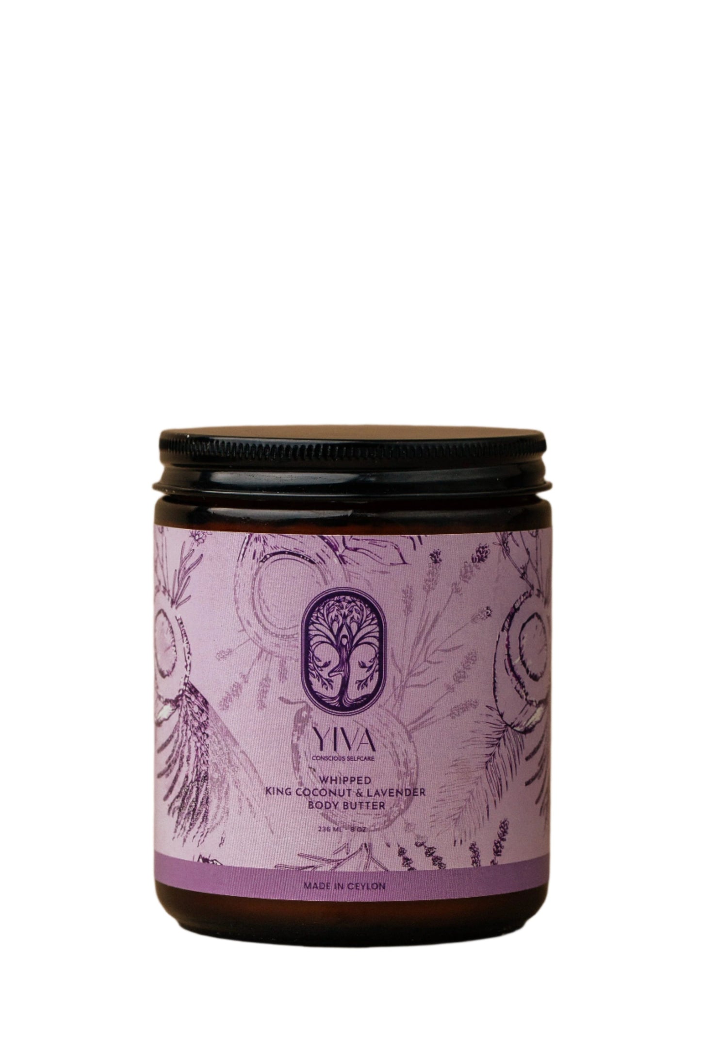 Jar of YIVA body butter with a purple label on a beige background