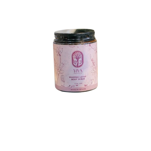 Jar of YIVA whipped lotus body scrub on a white background
